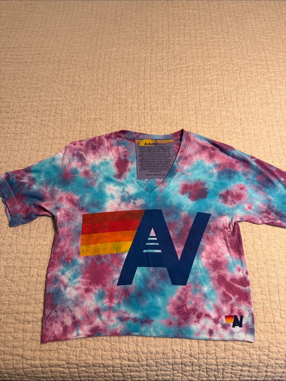 Aviator Nation Tie-Dye V-Neck Logo Boyfriend Tee S